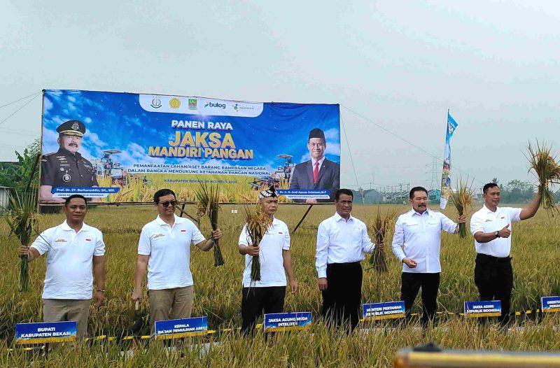 Wakil Bupati Bekasi Asep Surya Atmaja mendampingi Jaksa Agung RI ST Burhanuddin dan Menteri Pertanian Andi Amran Sulaiman saat menghadiri Panen Raya Program Jaksa Mandiri Pangan di Desa Srimahi, Kecamatan Tambun Utara, Kabupaten Bekasi, Selasa (19/8/2025).